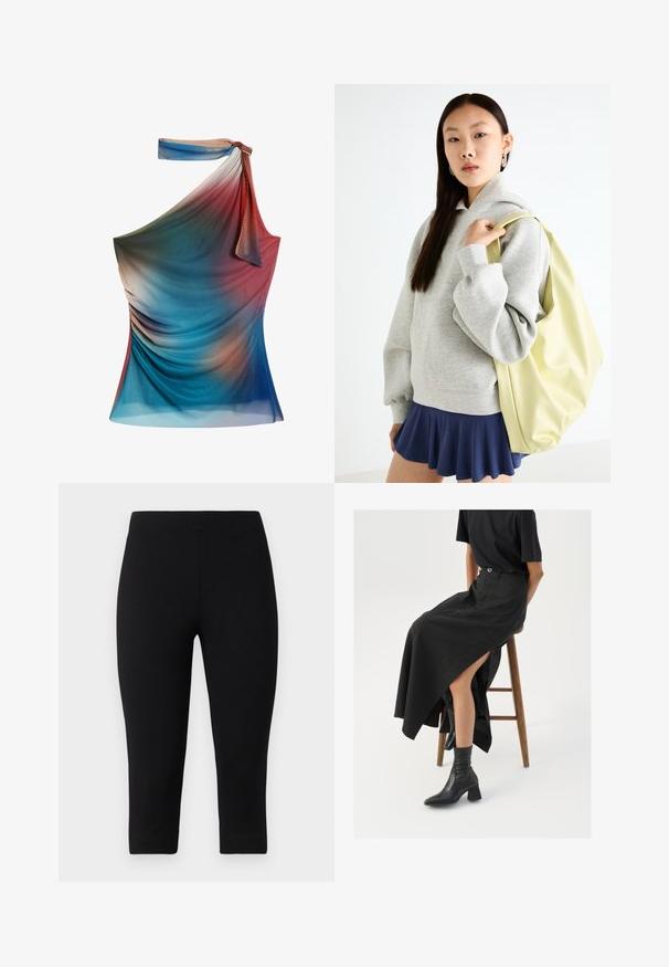 Epäsymmetrinen yhden olkapään paita, jossa on sinisen, punaisen ja persikan sävyjen liukuväri, valmistettu kevyestä, teksturoidusta kankaasta, jossa on laskostehtäviä.; Mustat capri-legginssit, jotka on valmistettu joustavasta materiaalista, tiukalla istuvuudella ja sileällä pinnalla, ilman voimakkaita kuvioita tai yksityiskohtia.; Musta pellavasta valmistettu maxi-hame, jossa on korkea halkio, puettuna mustan t-paidan ja mustien nilkkabootsien kanssa. Minimalistinen muotoilu, rento istuvuus.; Harmaa ylipitkä huppari, jossa on kengurutasku, yhdistettynä tummansiniseen levenevään hameeseen. Asusteena: suuri vaaleankeltainen reppu, tasainen pinta.