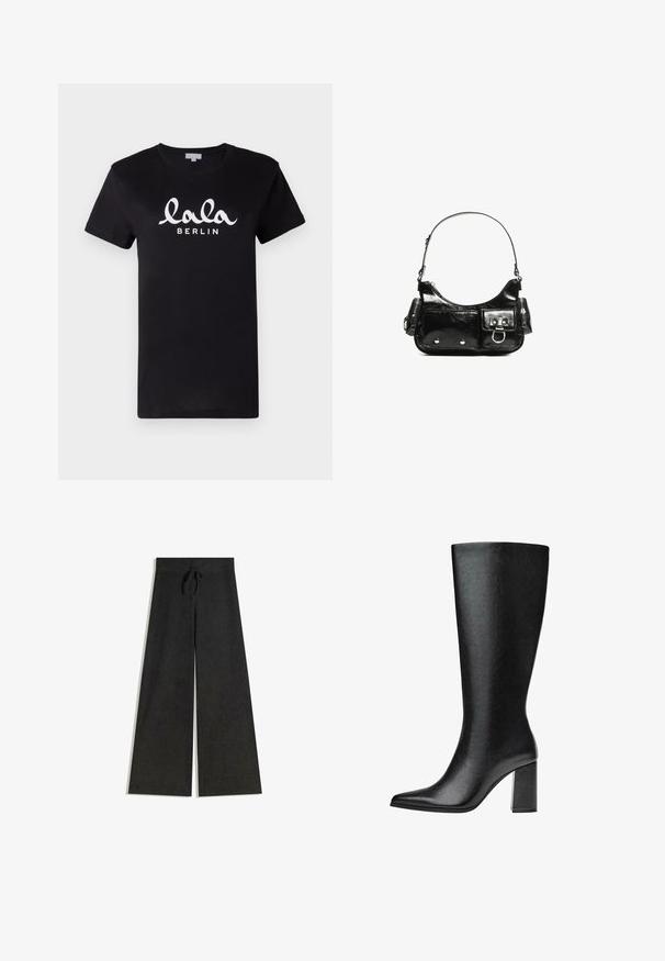 Černé bavlněné tričko s krátkým rukávem, které na hrudi zdobí bílý nápis "lala BERLIN" v kurzívě. Klasický design s kulatým výstřihem.; Černé kalhoty s širokými nohavicemi z texturované látky, s elastickým pasem a nastavitelnou šňůrkou.; Černé kozačky nad kolena vyrobené z umělé kůže s špičatou špičkou, hladkým povrchem a robustním blokovým podpatkem. Minimalistický design bez viditelných dekorací.; Černá lakovaná kožená kabelka s křivkovým tvarem, jedním ramenním popruhem, předními kapsami a stříbrnými kovovými detaily.