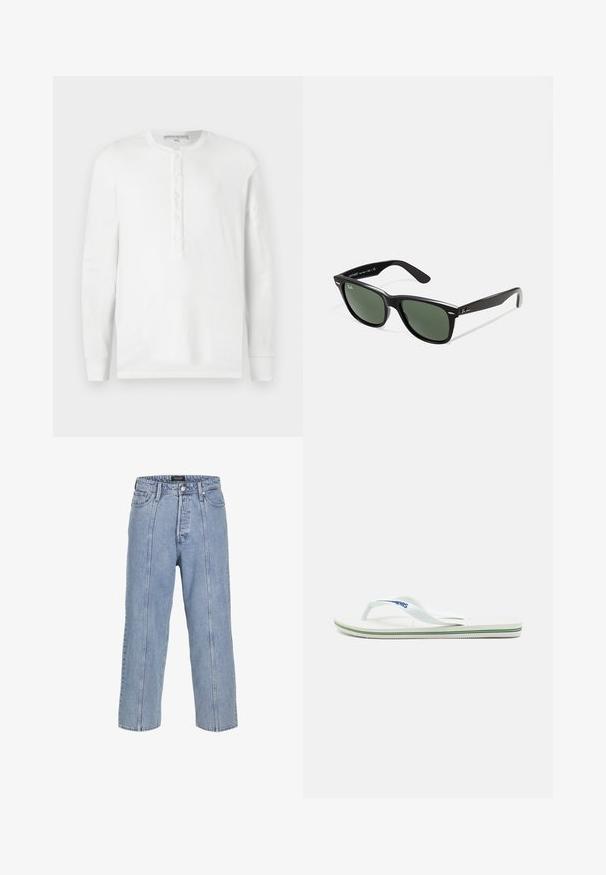 Langärmliges weißes Henley-Shirt aus weichem Baumwollmaterial mit rundem Halsausschnitt, Knopfleiste und gerippten Manschetten.; Hellblaue Denim-Jeans mit lockerer Passform, weitem Bein und sichtbaren Stickdetails. Mit Knopf- und Reißverschluss, fünf Taschen.; Weiße Flip-Flops mit strukturierter Innensohle, schlanken Riemen und einer mehrfarbigen Akzentlinie an der Sohle. Mit Logo auf dem Riemen.; Schwarze Plastiksonnenbrille mit grünen Gläsern, quadratischen Rahmen, silbernem Akzent auf der Augenbraue und strukturierten Bügeln. Angegebene Marke auf dem inneren Bügel.