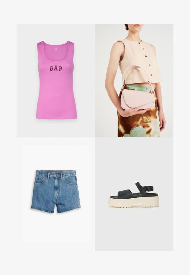 GAP TANK - Top - budding lilac; Traper šorts u svijetloplavoj boji, sa pet džepova, rajsferšlusom i kopčanjem na dugme. Rubovi su pohabani, a dizajn je opušten.; Crne ante sandale na platformu s debelim bijelim potplatom, širokim prednjim remenom i podesivom kopčom za gležanj. Teksturirani potplat za bolju prionjivost.; Ružičasta kožna torba s zakrivljenim poklopcem, jednim remenom za rame i čistim linijama. Torba ima glatku teksturu i minimalistički dizajn.
