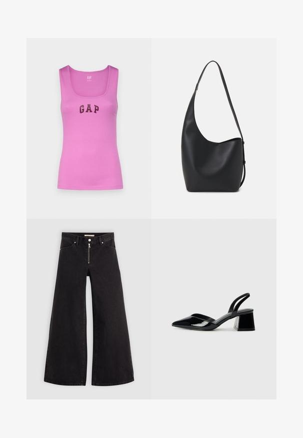 GAP TANK - Top - budding lilac; Calças de ganga de perna larga em denim preto com fecho éclair à frente, design de cinco bolsos e detalhes de costura subtil. Textura suave e estilo casual.; Sandy em verniz preto com salto slingback, ponta afilada e salto geométrico. Apresenta um design elegante e minimalista com textura suave.; Saco hobo preto em pele com uma textura lisa, forma curva e uma única alça ajustável; apresenta uma abertura larga na parte de cima.