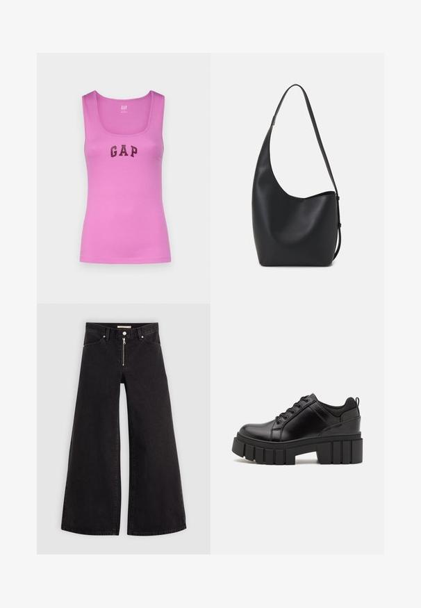 GAP TANK - Top - budding lilac; Jeans cu picioare largi din denim negru, cu fermoar în față, design cu cinci buzunare și detalii subtile de cusătură. Textură netedă și stil casual.; Pantofi cu talpă plată din piele neagră, cu toc gros, vârf rotund și design tradițional cu șireturi. Prezintă o textură netedă și detalii minime.; Geantă hobo din piele neagră, cu o textură netedă, formă curbată și un singur bretele ajustabil; are o deschidere largă în partea de sus.