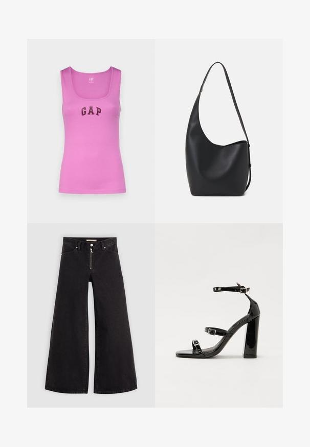 GAP TANK - Viršus - budding lilac; Plačios kojų džinsai iš juodo džinsinio audinio su užtrauktuku priekyje, penkių kišenių dizainu ir subtiliais siuvinėjimo akcentais. Lygus paviršius ir laisvalaikio stilius.; Juoda blizgi lakuota basutė su kvadratiniu pirštu, kulkšnies dirželiais ir sidabro sagtimis. Yra tvirta blokinė kulno konstrukcija, užtikrinanti stabilumą.; Juodas odinis hobo maišas su lygiu paviršiumi, kreipta forma ir viena reguliuojama rankena; turi platų atidarymą viršuje.