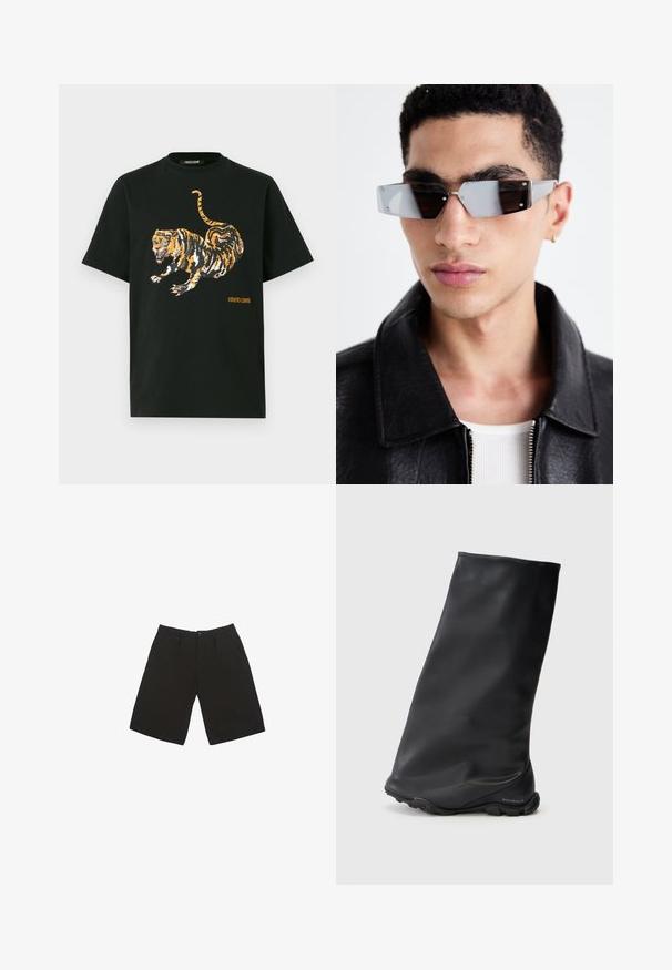 Melns īsās piedurknes T-krekls ar lielu asu oranžs un melns tīģera grafiku un mazu oranžu "Roberto Cavalli" tekstu priekšpusē.; Melnas šortas, kas izgatavoti no gludas auduma, ar pogu aizdari, divām priekšējām kabatām un brīvu piegriezumu līdz ceļiem.; Melnas potītes zābakus ar gludu, matētu tekstūru, kas piedāvā ciešu, minimālistisku dizainu un gumijas zoli. Zīmola logo ir iegravēts uz papēža.; Stūrainas pelēkā toņa saulesbrilles ar sudraba detaļām, novietotas uz gaiša fona. Lēcas ir ar unikālu ģeometrisku formu.