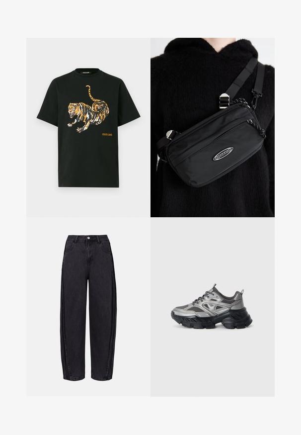 Juoda trumpa rankovėmis marškinėliai su dideliu ryškiu oranžiniu ir juodu tigro grafiniu raštu bei mažu oranžiniu "roberto cavalli" tekstu priekyje.; Juodos plačios džinsinės kelnės iš lygios tekstūros džinsinio audinio. Turi aukštą liemenį, priekinės kišenes ir mygtuko uždarymą liemens srityje.; Sidabriniai ir juodi sportiniai batai su storu padu, tinkliniais intarpais ir kreiviu dizainu. Turintys raiščius ir traukimo kilpą kulne.; Juodas nailono per petį nešiojamas krepšys su reguliuojama juosta, turintis lygią tekstūrą, priekinį užtrauktuką ir logotipo akcentą.