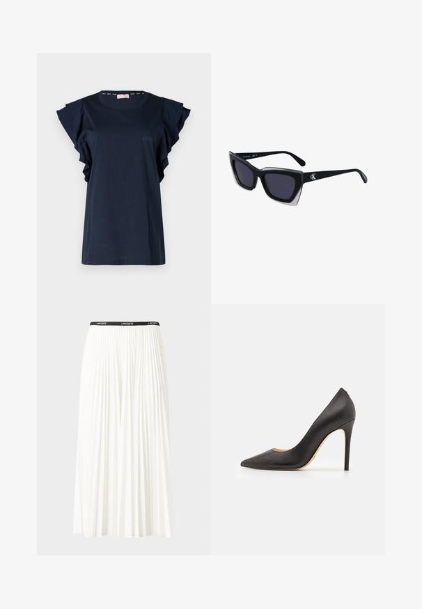 T-shirt blu navy con maniche corte a volant, scollo rotondo e logo LIU JO in tono sul davanti. Tessuto morbido al tatto.; Gonna bianca plissettata con elastico nero in vita che presenta il logo "LACOSTE". Design di lunghezza media con texture morbida.; Décolleté nera in pelle con tacco alto, punteggiato e dalla texture liscia, caratterizzata da un tacco sottile e un design minimalista.; Occhiali da sole oversize neri dalla forma geometrica, con lenti scure e un dettaglio grigio a contrasto sulla montatura. Logo sul braccio.