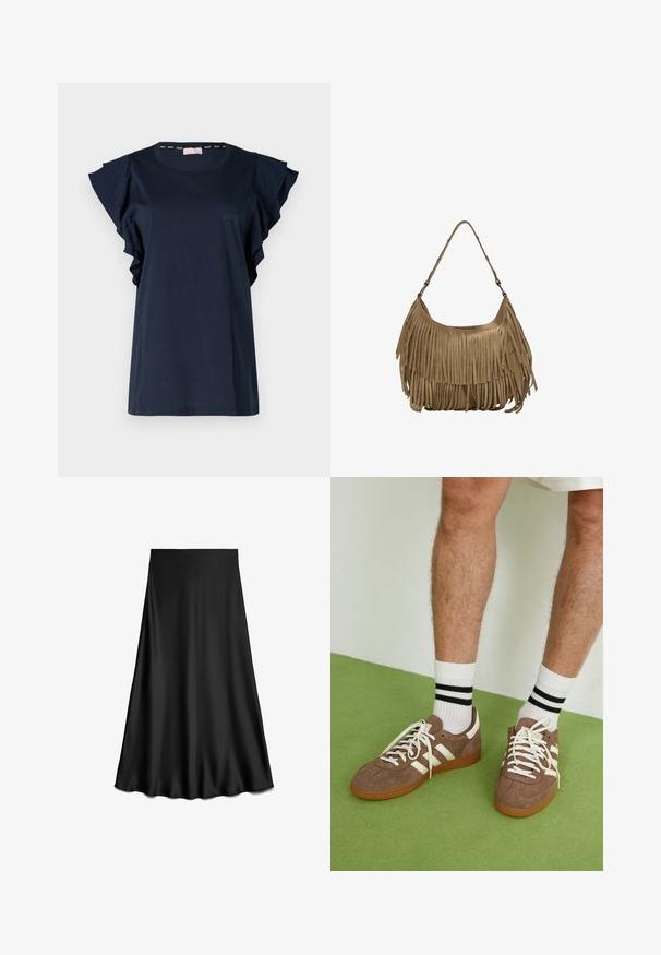 Marinblå T-shirt med korta volangärmar, rund halsringning och subtil LIU JO-logotyp i matchande färg på framsidan. Slät tygtextur.; Svart, satin A-linjekjol med en slät textur, knälång, med en enkel, ren design utan utsmyckningar eller mönster.; Bruna mockaskor med vita detaljer och snören. Gummisula i beige. Bärs med vita strumpor med svarta ränder. Grön strukturerad golvyta.; Brun mockaskinns väska med långa fransdetaljer, en böjd form och ett enda axelband. Har en jämn, strukturerad yta.