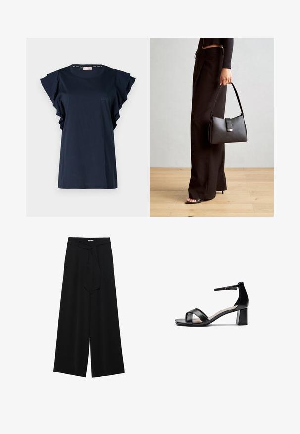 Námornícky modré tričko s krátkymi volánovými rukávmi, okrúhlym výstrihom a decentným logom LIU JO v zodpovedajúcej farbe na prednej strane. Hladká textúra látky.; Čierne široké nohavice s textúrovanou tkaninou, elastickým pásom a odnímateľným viazaním na páse pre nastaviteľné priliehanie.; Čierne sandále na podpätku s otvorenou špičkou, prekríženej remienky, nastaviteľným remienkom na členku a masívnym podpätkom, s hladkým koženým povrchom.; Čierna kabelka so štruktúrovaným tvarom, hladkou textúrou a kovovou sponou. V kombinácii so širokými čiernymi nohavicami a sandálmi s otvorenou špičkou na drevenej podlahe.
