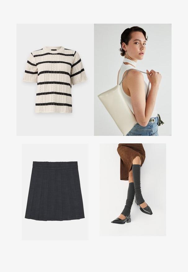 Sweater de malha de mangas curtas com base creme e riscas horizontais pretas, padrão texturizado e decote redondo.; Saia pregueada cinza escuro com cintura elástica, apresentando um tecido texturizado e uma silhueta clássica em A. Adequada para uso casual.; Sapatos pretos de pele lacada com biqueira pontuda, salto bloco e tiras no tornozelo, combinados com caneleiras cinzas em malha e uma saia de camurça castanha.; Bolsa de mão retangular branca, feita de material brilhante, com uma alça em corrente prateada. Modelo posa, exibindo a bolsa contra um fundo simples.