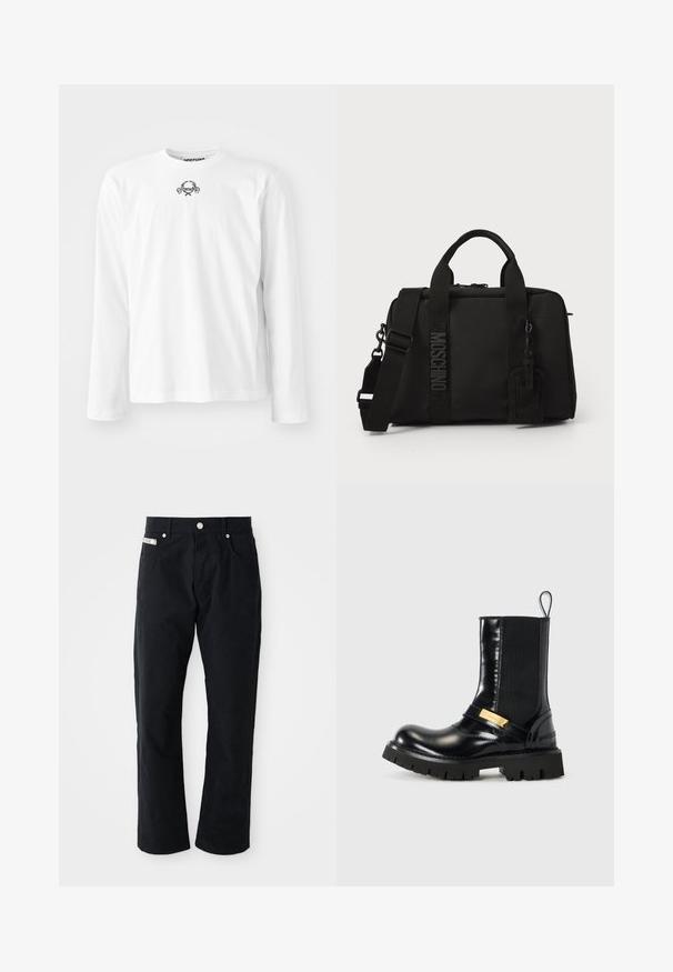 Weißes Langarmshirt aus Baumwolle mit runder Ausschnittkante und einem kleinen schwarzen grafischen Design in der Mitte, mit gefütterten Ärmeln.; Schwarze Baumwollhosen mit geradem Bein, fünf Taschen, silbernen Akzenten und einer subtilen strukturierten Oberfläche.; Schwarze Leder-Ankle Boots mit elastischen Seitenteilen, einem goldenen Akzentriemen und einer klobigen schwarzen Gummisohle. Glatte Oberfläche mit einer abgerundeten Spitze.; Schwarze Textilentüte mit doppelten Griffen und abnehmbarem Schultergurt. Verfügt über ein geprägtes Logo und ein Lederlabel. Glatte Textur, rechteckige Form.