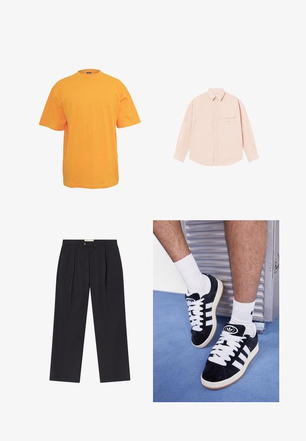 Tricou din bumbac portocaliu, cu guler rotund, mâneci scurte și un croi lejer. Fără modele sau accente. Textură netedă.; Cămașă roz deschis cu mâneci lungi, fabricată dintr-un material moale, având un guler tip buton, un buzunar frontal și un logo brodat subtil pe piept.; Pantaloni navy închis, personalizați, cu talie înaltă, două plisse frontale, închidere cu nasture și picioare drepte, confecționați dintr-un material neted.; Adidași negri din suede cu șireturi albe și trei dungi albe. Au un logo circular negru pe limbă și o talpă din cauciuc de tip gumă.