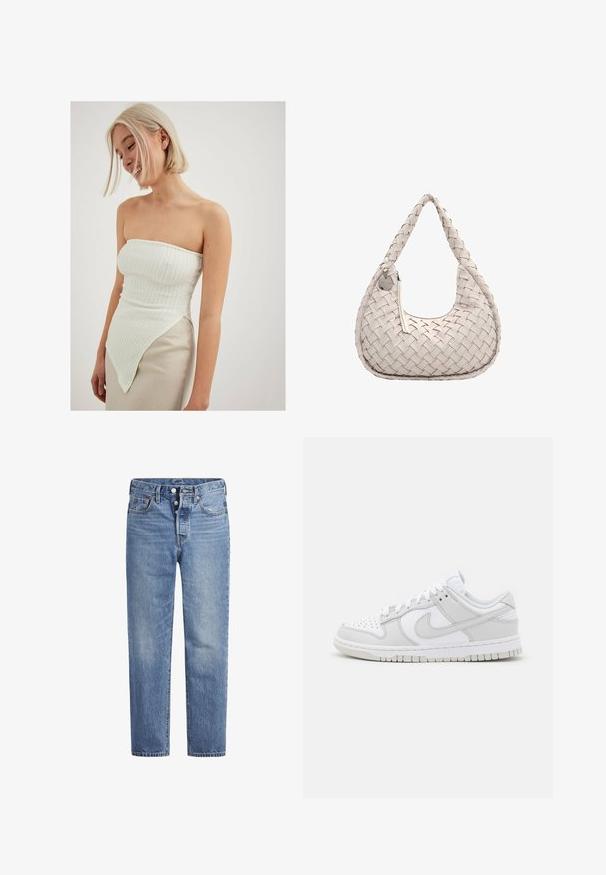 Valge õlgunöörideta pluus, millel on tekstuuriga ribad, ja millel on asümmeetriline alläär, mis ulatub ühele küljele, koos heledast beežist seelikuga.; Heled sinised teksad sirge lõikega, viie tasku disainiga ja nööpidega kinni. Omavad kerget pleekimist ja oranže õmblusi.; Valged nahast spordijalatsid hallide aktsentidega, perforatsioonidega varvas, lapikud lipsud, pehmendatud krae ja tekstureeritud kummist tallad.; Kootud beež käekott, millel on kõver kuju, õlarihm ja lukuga sulgemine. Omab väikest metallist sildi ja sile tekstuur.