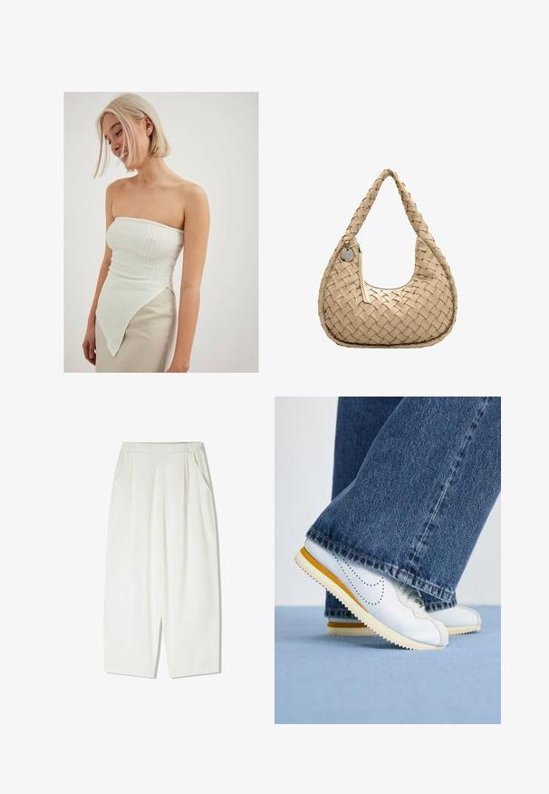 Hvid strapless top med tekstureret ribbing, der har en asymmetrisk kant, som strækker sig til den ene side, parret med en lys beige nederdel.; Løse, knælange hvide bukser lavet af et let materiale, med sidelommer og en samlet elastisk talje.; Hvide lædersneakers med gule accenter, rund tå og tekstureret gummisål, parret med mørkeblå denim flared bukser.; Vævet beige håndtaske med en buet form, en kort hank og en lynlås lukning med et metalmærke og kontrasterende syninger.