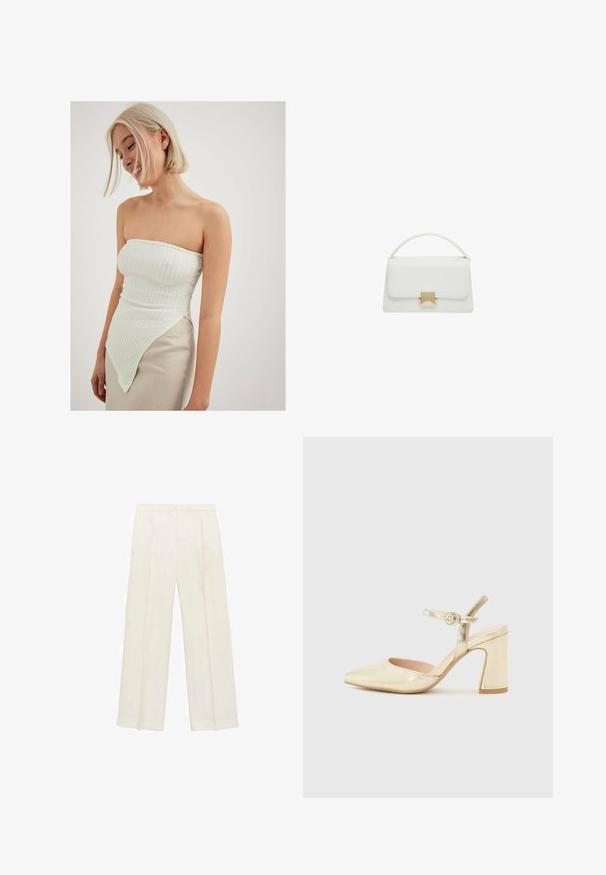 Biały top bez ramiączek z fakturowanym ryżowym splotem, z asymetrycznym dołem, który wydłuża się po jednej stronie, w komplecie z jasnobeżową spódnicą.; Spodnie o szerokich nogawkach w jasnym kolorze kremowym. Wykonane z gładkiego materiału, z plisami z przodu i bocznymi kieszeniami.; Złote metaliczne buty na obcasie z wąskim noskiem, paskiem wokół kostki z okrągłym zapięciem oraz masywnym obcasem. Gładka tekstura.; Biała skórzana torebka o strukturalnym kształcie, z górnym uchwytem i złotym zapięciem. Gładka tekstura i minimalistyczne akcenty.