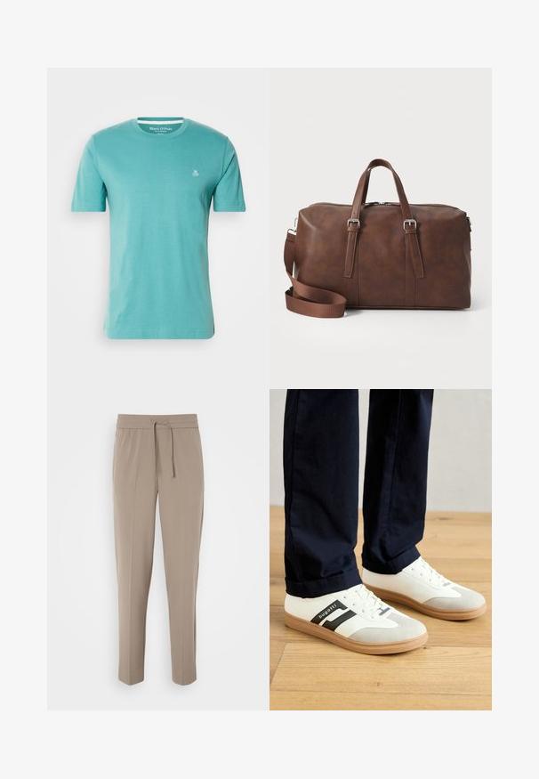 Turkio spalvos trumpomis rankovėmis marškinėliai, pagaminti iš medvilnės, su apvaliu kaklu ir mažu baltu "M OP" logotipu ant krūtinės. Lygus paviršius.; Šviesiai beigės kelnės su elastiniu juosmeniu, reguliuojama raišteliu ir siaurėjantys kojomis. Audinys atrodo lygus su švelniu blizgesiu.; Balti ir pilki sportbačiai su juodais dryžiais, pagaminti iš odos, su guma padėklo ir plokščiomis raišteliais. Dėvimi su tamsiai mėlynomis kelnėmis ant medinės grindų.; Ruda odinė sportinė kuprinė su viršutinėmis rankenomis, nuimamu diržu, užtrauktuko uždarymu ir lygiu paviršiumi. Minimalistinis dizainas be matomų logotipų.