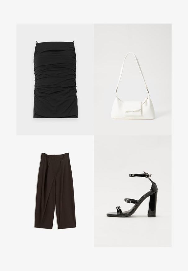 Black bodycon dress with ruched texture, featuring a straight neckline and thin adjustable straps. Soft fabric for comfort and fit.; Dark brown wide-leg trousers with a high waist, featuring a single button closure and a pleated front. Made from lightweight fabric.; Black patent heeled sandals with a square toe, ankle straps, and silver buckles. Features a chunky block heel for stability.; White synthetic handbag with a triangular shape, flat front flap and bow detail, adjustable strap, smooth texture, and minimalistic design.