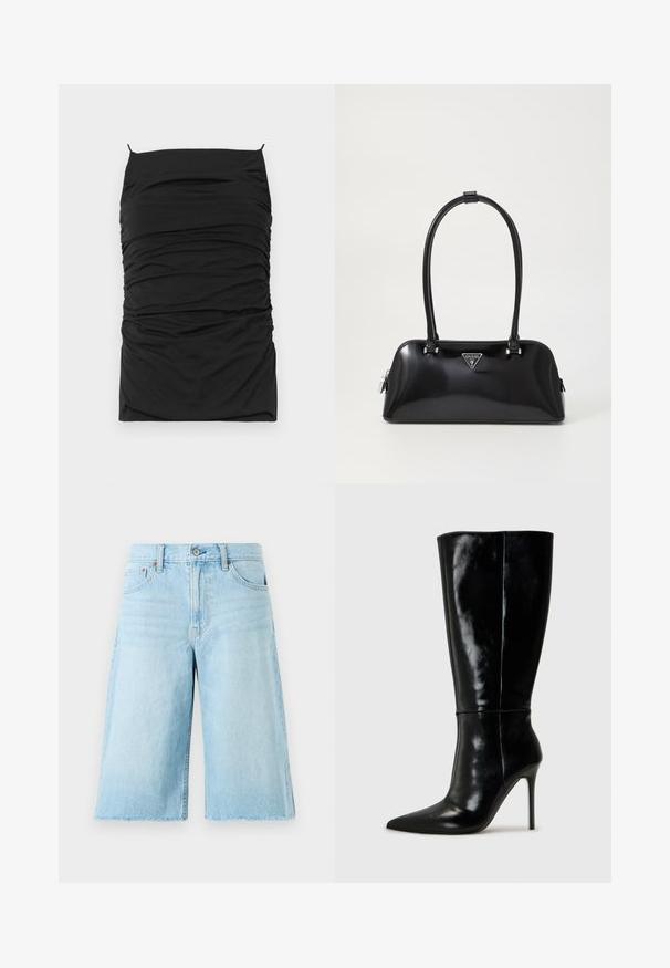 Melna pieguļoša kleita ar drapējumu, izceļot taisnu dekoltē un plānas regulējamas siksnas. Mīksts audums ērtai valkāšanai un piestāvēšanai.; Gaiši zili džinsu šorti ar brīvu piegriezumu, saplēstu apakšmali, piecām kabatām un metāla piederumiem. Klasiska džinsu dizaina ar maigu izbalējumu.; Melnas ādas zābaki līdz ceļiem ar smailu purngali un augstu stiletto papēdi. Gluda tekstūra un elegants dizains, ar minimālu dekoru.; Melnā spīdīgā rokas soma ar izliekta siluetu, divām rokturiem un priekšējo logotipa plāksni. Ar rāvējslēdzēja aizdari un mirdzošiem aparatūras akcentiem.; Sudraba gredzena auskari ar gludu, pulētu apdari. Apaļa forma ar nedaudz izliekta dizaina un sajauktām malām. Ar tapu aizdari.