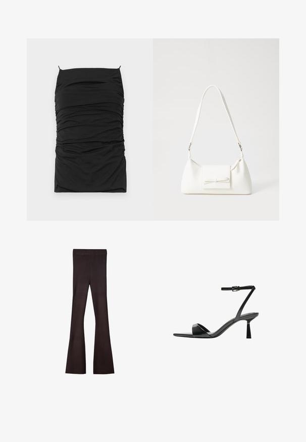 Abito nero attillato con texture arricciata, caratterizzato da un scollo dritto e spalline sottili regolabili. Tessuto morbido per comfort e vestibilità.; Bershka Pantaloni - dark brown; Bershka Sandali con tacco - black; Borsa sintetica bianca a forma triangolare, con patta anteriore piatta e dettaglio a fiocco, tracolla regolabile, texture liscia e design minimalista.