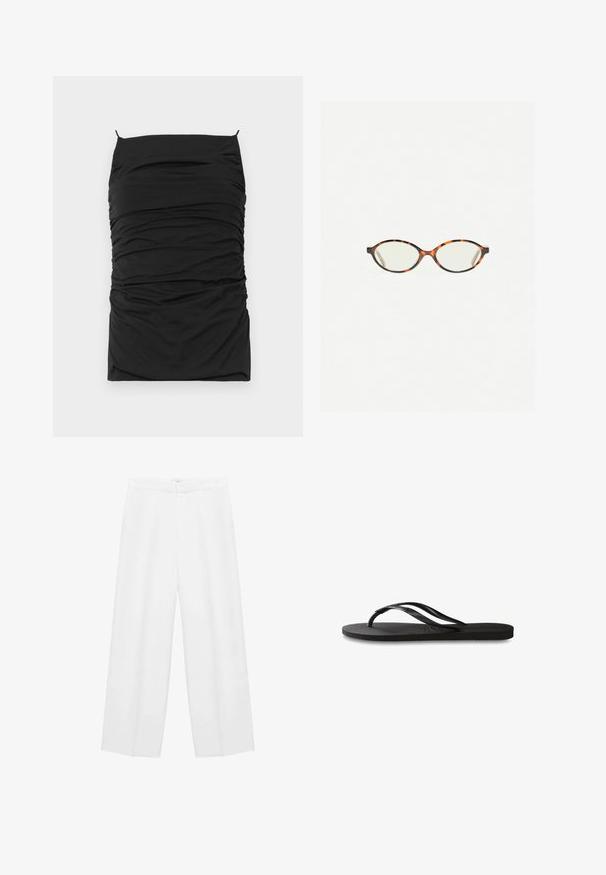 Black bodycon dress with ruched texture, featuring a straight neckline and thin adjustable straps. Soft fabric for comfort and fit.; Wide-leg white trousers with a smooth texture, featuring a high waistband and two side pockets. Simple design with no visible patterns.; Black flip-flop featuring a textured rubber sole, two slender straps, and a subtle, embossed logo detail on the strap.; Tortoiseshell eyeglasses with oval lenses and a sleek, smooth finish. Features thin sides with a subtle curve at the temples. Clear lenses.