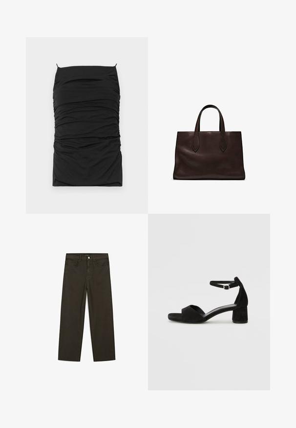 Black bodycon dress with ruched texture, featuring a straight neckline and thin adjustable straps. Soft fabric for comfort and fit.; Dark green wide-leg jeans made of cotton blend, featuring a front button closure, five pockets, and classic denim stitching.; Black suede heeled sandals with a thin ankle strap, open toe design, and a modest block heel. Smooth texture and minimal accents.; Brown leather tote bag with two elongated handles, structured rectangular shape, smooth texture, and subtle stitching details.
