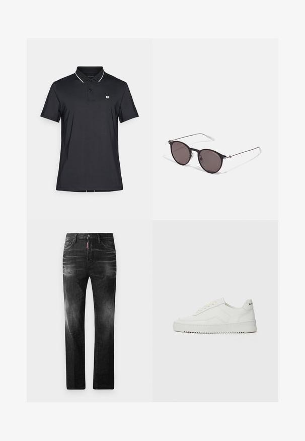Camisa polo preta com mangas curtas, uma tira de dois botões, acabamento branco no colarinho e um pequeno logotipo no lado esquerdo do peito. Textura de tecido suave.; Jeans de denim preto com um corte reto. Apresentam áreas desbotadas, ligeira degradação, design clássico de cinco bolsos e um fecho de botão.; Sapatilha de couro branco com acabamento suave, bico redondo, atacadores planos e uma sola texturizada. Apresenta um logotipo discreto no calcanhar.; Óculos de sol redondos pretos com lentes escuras e hastes metálicas finas. Inclui pontas de templo transparentes e detalhes em prata na dobradiça. Design minimalista.