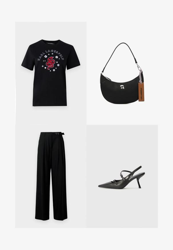 Černé bavlněné tričko s červeným designem hada, bílými květinami a textem "KARL LAGERFELD" v kruhovém uspořádání. Krátké rukávy, kulatý výstřih.; Černé široké kalhoty s vysokým pasem, záhyby vpředu a páskem s přezkou. Vyrobené z hladké, lehké tkaniny.; Černé kožené lodičky na boku s špičatou špičkou, štíhlým podpatkem a dekorativní přezkou na nártu. Hladká textura a elegantní design.; Černá kožená kabelka s tvarovanou texturou, zakřiveným tvarem, horním zipovým uzavřením, stříbrnými kovovými doplňky a hnědou visačkou. Obsahuje akcent s logem.