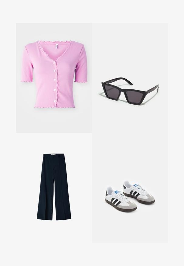 Rosa geripptes Kurzarm-Cardigan mit V-Ausschnitt, das fünf weiße Knöpfe und eine gewellte Borte entlang des Ausschnitts und der Ärmel aufweist.; Marinefarbene weite Hosen aus einem glatten Stoff, mit zwei vorderen Falten und einem einzelnen Knopfverschluss an der Taille.; Sportschuhe mit einem Obermaterial aus weißem Leder, grauer Wildleder-Zehenkappe und drei schwarzen Streifen. Sie verfügen über ein blaues Logo auf der Zunge und eine strukturierte Gummisohle.; Schwarze, eckige Sonnenbrille mit grauen Gläsern; aus Kunststoff gefertigt, mit dicken Bügeln, die eine glatte Oberfläche und keine sichtbaren Beschläge haben.; Schwarze Leder-Schultertasche mit geschwungener Form, einem flachen Tragegurt und einem oberen Reißverschluss. Glatte Textur mit minimalen Hardwaredetails.