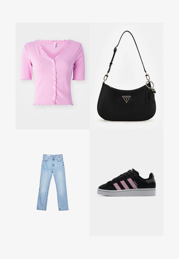 Różowa, prążkowana kardiganka krótki rękaw z dekoltem w serek, z pięcioma białymi guzikami i falbaną wzdłuż dekoltu oraz rękawów.; Jasnoniebieskie dżinsy o prostym kroju, z pięcioma kieszeniami i widocznym przeszyciem. Średni stan z klasycznym zapięciem na guzik i zamek.; Czarne zamszowe sneakersy z różowym designem w trzy paski, szara guma podeszwy i teksturowany język. Na boku i pięcie znajduje się branding.; Czarna syntetyczna torba na ramię o zaokrąglonym kształcie, z teksturowanym wykończeniem, złotym logo w kształcie trójkąta i odczepianymi akcentami ze sprzętu.; Naszyjnik z pereł słodkowodnych z jednolitymi, okrągłymi białymi perłami, wykończony srebrnym zapięciem i przedłużanym łańcuszkiem dla regulowanej długości.
