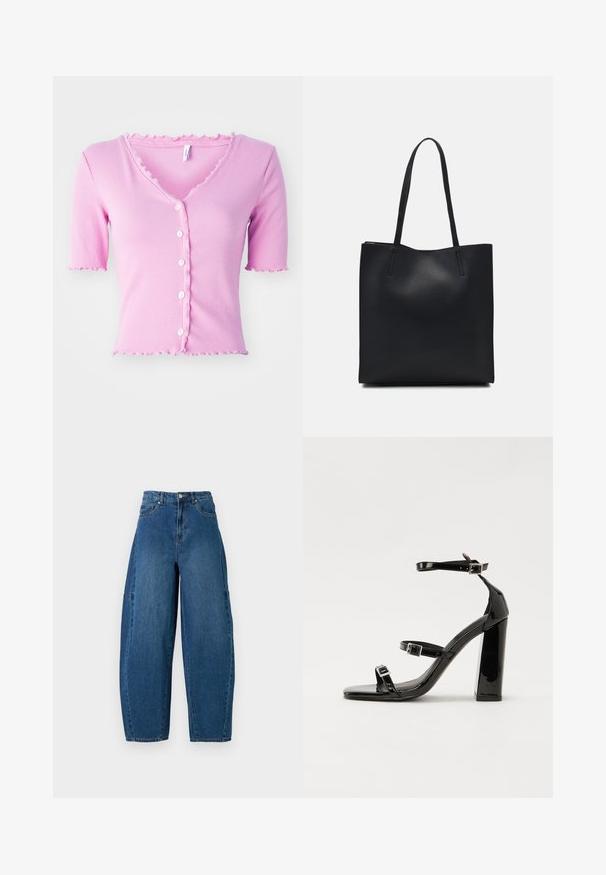 Cardigan rose côtelé à manches courtes et décolleté en V, avec cinq boutons blancs et une finition en dentelle le long de l'encolure et des manches.; Jean en denim de teinte bleu moyen, présentant une taille haute, une coupe large et un design standard à cinq poches avec des détails de coutures visibles.; Sandales à talons vernies noires avec un bout carré, des sangles autour de la cheville et des boucles en argent. Dotées d'un talon bloc épais pour plus de stabilité.; Sac fourre-tout en cuir noir avec une texture lisse, de forme rectangulaire et deux longues poignées. Pas de matériel ou d'ornementations visibles.