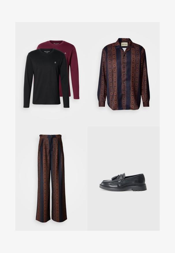 To lange ermer t-skjorter: en svart, en burgunder. Begge har rund hals, mykt bomullsmateriale og liten brodert logo på brystet.; Marineblå skjorte med knappelist og et blomstergeometrisk mønster i nyanser av oransje. Har krage og lange ermer med knapper på mansjettene.; Vide benbukser i mørkeblå stof med et indviklet orange geometrisk mønster, med plisseret front og en tætsiddende talje. ; Sorte skinnloafers med rund tå, en stropp med frynser og en tykk såle med mønster. Glatt tekstur og klassisk design.