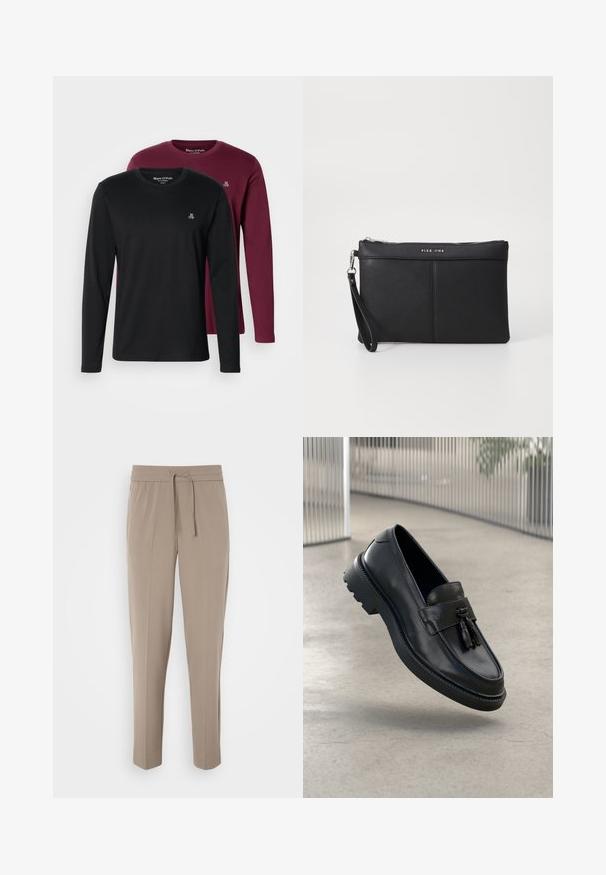 Dve majice z dolgimi rokavi: ena črna, ena burgundska. Obe imata okrogel izrez, mehko bombažno tkanino in majhen vezen logotip na prsi.; Svetlo bež hlače z elastičnim pasom, nastavljivo vrvico in ozkimi nogami. Tkanina se zdi gladka z rahlim sijajem.; Črni usnjeni mokasini z gladkim zaključkom, dekorativnimi cofki, debelim gumijastim podplatom in všitimi poudarki. Lahka in elegantna zasnova.; Črna sintetična torbica s snemanjem na zadrgo, zapestno zanko in gladko teksturo. Ima diskretno šivanje in logotip vtisnjen na sprednji strani.