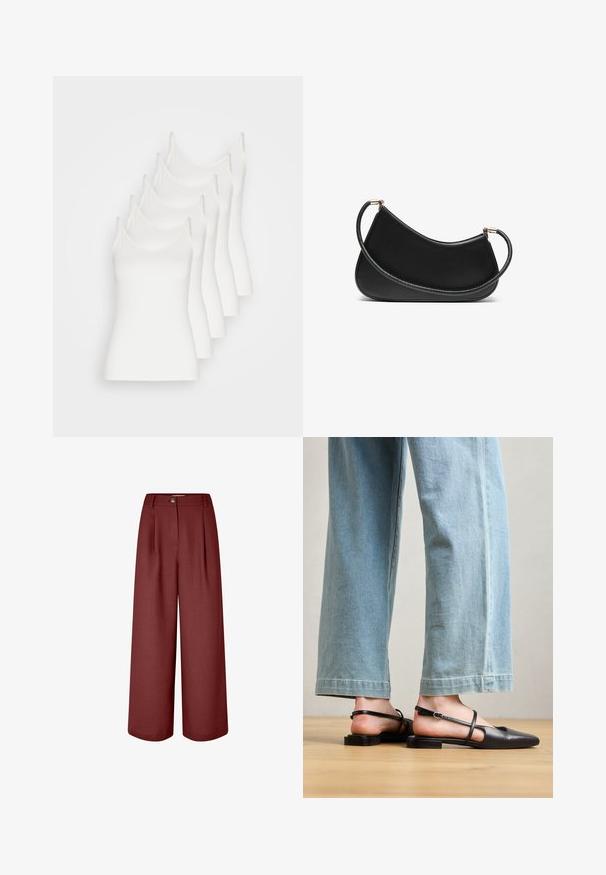Fem fem hvite camiser med tynne stropper, laget av glatt stoff, med en tettsittende design og uten bemerkelsesverdige dekorasjoner.; Vide benbukser i en rik burgunderfarge, laget av glatt stoff. Har en midje, frontfolder og en enkelt knappelukking.; Sorte lærrem sko med spiss tå, flat hæl og ankelrem; brukt med lyseblå vide jeans.; Svart lær skulderveske med en buet design, med en teksturert stropp og gullfarget hardware på toppen av lukningen. Glatt finish.; Sett med gullfargede øredobber med ulike design, inkludert stikkere, hoops og hengende deler med perler og rhinestones.