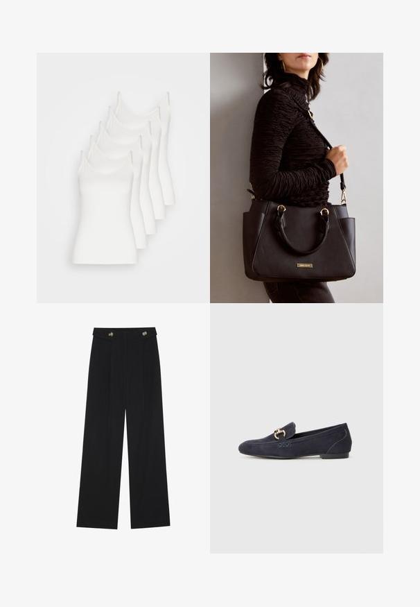 Fem fem hvite camiser med tynne stropper, laget av glatt stoff, med en tettsittende design og uten bemerkelsesverdige dekorasjoner.; Svart vide bukser med høy midje, knappdetaljer på midjebåndet og frontplisser.; Marineblå suede loafers med rund tå, som har en dekorativ metallkjede-accent og en lav hæl med kontrasterende sømdetaljer.; Svart håndveske med teksturert overflate, doble topphåndtak og justerbar skulderrem. Har detaljer i gulltone og sidelommer.