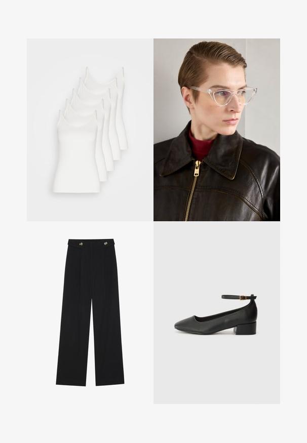 Pet camizole v beli barvi z tankimi naramnicami, izdelane iz gladkega materiala, z oprijetim krojem in brez opaznih okraskov.; Črne široke hlače s visokim pasom, gumbnimi detajli na pasu in sprednjimi gubami.; Črne usnjene pumpice z nazobčanimi prsti in nizko blokasto peto. Imajo trak okoli gležnja z zaponko v zlatem tonu. Gladka tekstura.; Jasne acetatne mačje oči očala z rumenimi lečami, ki jih nosi oseba v temnem usnjenem jopiču in rdečem puloverju s kratkimi rokavi. Gladka tekstura.