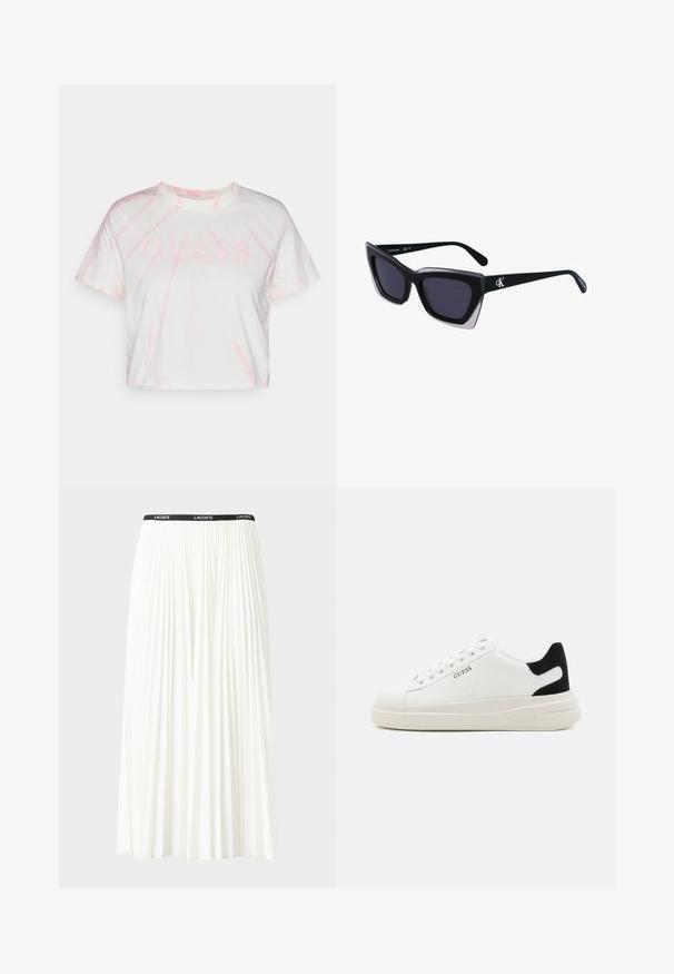 Īsais baltā T-krekls ar rozā tīņu krāsu rakstiem, ar maigu atbilstošu rozā "GUESS" logo. Izgatavots no mīkstas kokvilnas auduma.; Gari plānas baltas svārku ar melnu elastīgu jostu, uz kuras redzams "LACOSTE" logo. Vidēja garuma dizains ar mīkstu tekstūru.; Baltas ādas sporta apavi ar biezu balto zoli, melna zamša uzpura un izspiestais logotips sānos. Šņorējuma dizains ar sešiem acu caurumiem.; Melni pārmēru saulesbrilles ar ģeometrisku formu, kas aprīkotas ar tumšiem stikliem un kontrastējošu pelēku akcentu uz rāmja. Logo uz kājas.