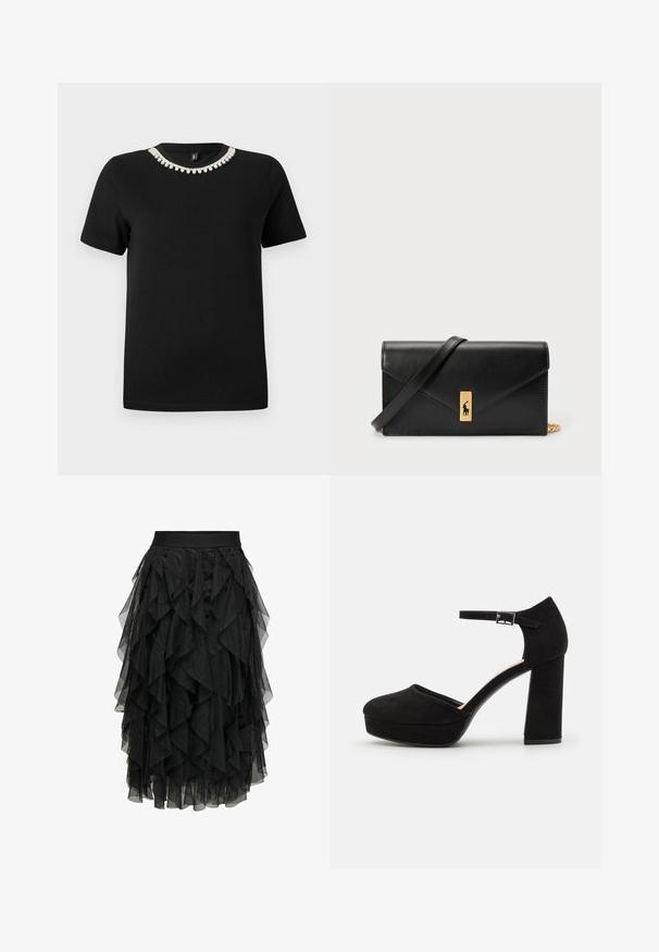 Must mustrimine t-särk lühikeste varrukatega ja ümmarguse kaelusega, millel on kaeluse ümber dekoratiivne aktsent selgete kristallidega.; Must muströliga mustast tüllist seelik, millel on volangiliste detailidega disain. Varustatud elastsest vööst. Läbipaistev kangas lisab tekstuuri ja liikumist.; Mustad nubukist platvormi kõrged kontsad, millel on paks plokknina, ümmargune varvas ja pahkluu rihm, mis on kinnitatud metallist sanga abil. Ühtlane sile tekstuur.; Must mustra rahakott, millel on voltimisega klapp, kuldne riistvaraga, ning millel on logo aktsent. Sisaldab eemaldatavat rihma kandmiseks.