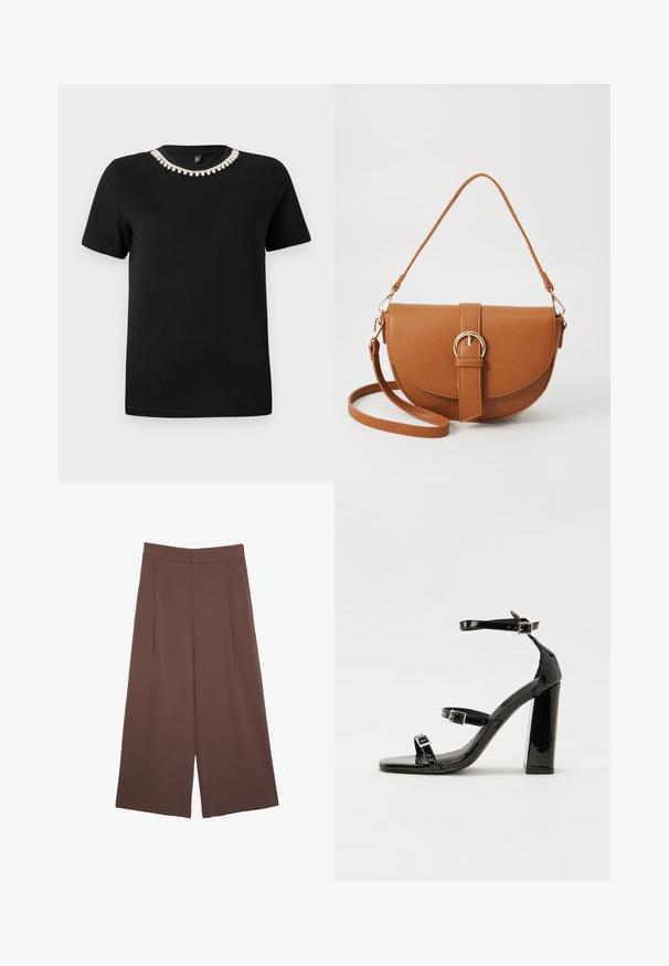 Musta puuvillainen t-paita lyhyillä hihoilla ja pyöreällä kaula-aukolla, jossa on koristeena kirkkaista kristalleista tehty yksityiskohta kauluksessa.; Ruskeat leveälahkeiset housut, joissa on sileä pinta, korkea vyötärö ja etupleat. Kangas on kevyttä ja laskeutuu väljänä.; Musta kiiltävä korkokenkä sandaalit neliönmuotoisella varpaalla, nilkkaremmillä ja hopeisilla soljilla. Varustettu tukevalla lohkokorkealla vakauden takaamiseksi.; Ruskean nahkainen olkalaukku, jossa on kaareva muoto, kultaiset yksityiskohdat ja solkiyksityiskohta. Varustettu irrotettavalla olkahihnalla.