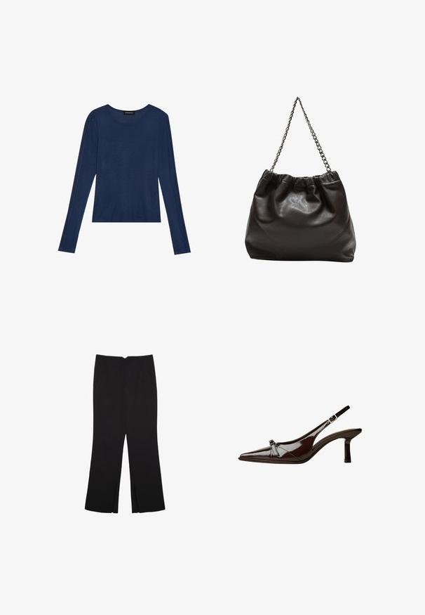 Laine pitkähihaisen yläosan pehmeä kangas, jossa on pyöreä pääntie ja tasaiset saumat hihoissa, sekä rento istuvuus.; Mustat housut suoralinjaisella leikkauksella, joissa on etutaskut ja sivurei'ät helman alla. Valmistettu pehmeästä ja sileästä kankaasta. Sopii eri tilaisuuksiin.; Ruske patenttimuoviset slingback-kengät, joissa on terävä kärki, matala korko ja koristeellinen kaarroke etuosassa. Sileä, kiiltävä pinta.; Ruskea nahkainen laukku, jossa on kerätty yläosa ja ketjuhihna. Tasainen pinta, jossa kiiltävä viimeistely ja hienovaraiset sauman yksityiskohdat sivuilla.