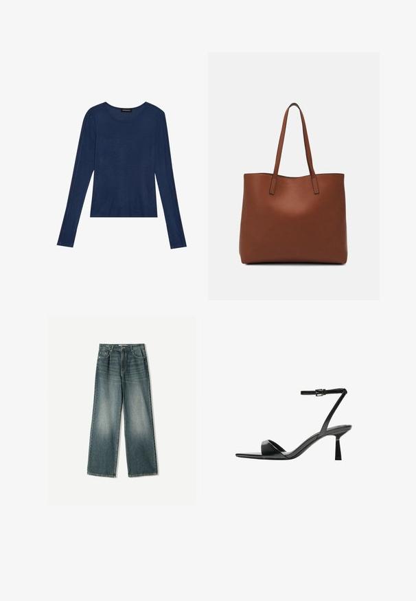 Navy long-sleeve top in soft fabric, features a round neckline and flat seams along the sleeves, with a relaxed fit.; Wide-leg denim jeans in faded blue wash, featuring five pockets, a button fly, and subtle whiskering detail on the front.; Bershka High heeled sandals - black; Brown leather tote bag with a smooth texture, open top design, and two shoulder straps. Features minimal stitching and no visible hardware.