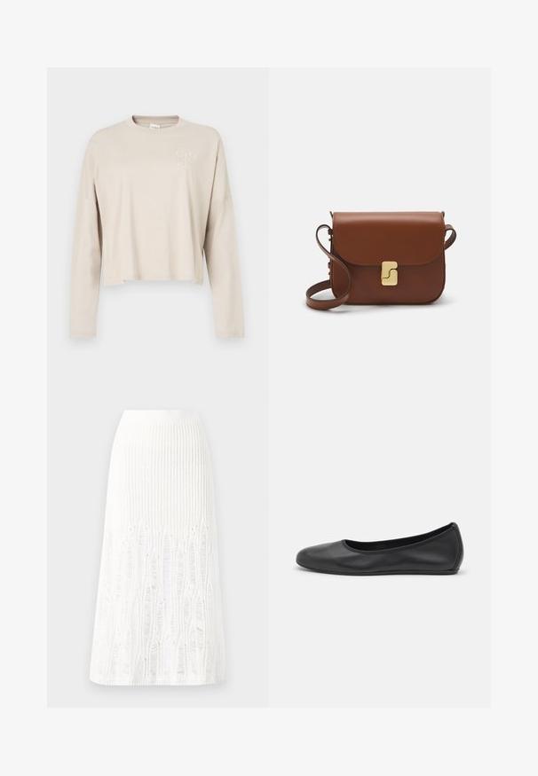 Beidzēta krēmkrāsas garām piedurknēm tops, kas izgatavots no mīksta kokvilnas. Iezīmes apaļa kakla izgriezums un mazs balts logo kreisajā krūšu rajonā.; Adīts balts midi svārki ar teksturētu rakstu, kas ietver vertikālas līnijas un izgriezumus pie apakšmalas. Elastīgs vidukļa jostasvads. Mīksts materiāls.; Melna ādas baleta kurpe ar noapaļotu purngalu, gludu tekstūru, minimālu šuvju detalizāciju un elastīgu zoles dizainu.; Bordo ādas rokas soma ar atloku, zeltītām detaļām, plecu siksnu un gludu virsmu. Kompakta, taisnstūrveida forma.