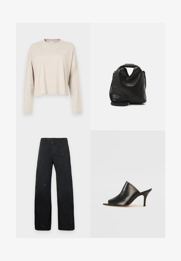 Beige hosszú ujjú crop top, puha pamutból készült. Kerek nyakkivágással rendelkezik, és egy kis fehér logó található a bal mellrészen.; MM6 Maison Margiela PANTS - Laza szabású farmerek - black; Fekete bőr, nyitott orrú mules cipő, elegáns, ívelt kialakítással, magas stiletto sarokkal és sima textúrával. A belső tér világos színű, kontrasztos.; Fekete, puha bőr táska egyedi csavaros dizájnnal. Rövid fogantyúval és levehető vállpánttal rendelkezik. Minimalista stílusú.