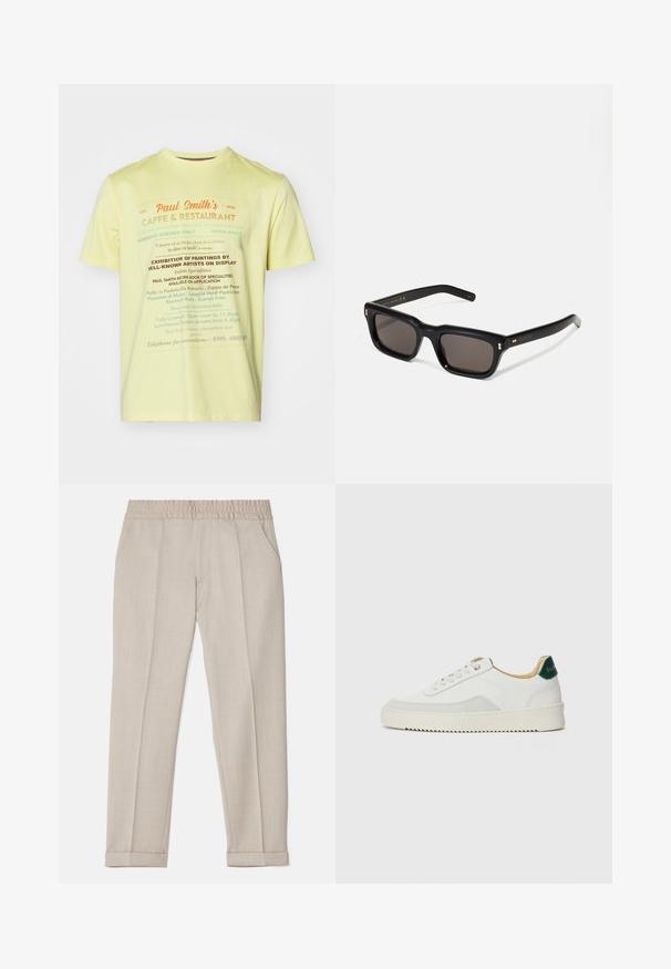 Keltainen puuvillapaita, jossa on painettua tekstiä eri väreissä, ravintolan tiedot ja erikoisuudet, pyöreä kaula-aukko, lyhyet hihat.; Filippa K TERRY CROPPED TROUSERS - Housut - sage melange; Valkoiset tennarit, joissa on nahkaosia, pyöreä kärki, tasaiset nauhat ja kermaisa kumi-pohja. Takana vihreä brändäys.; Mustat suorakulmaiset aurinkolasit tummilla linsseillä, paksu muovikehys, kultaiset korostukset temppeleissä ja brändin logo kaiverrettuna varteen.