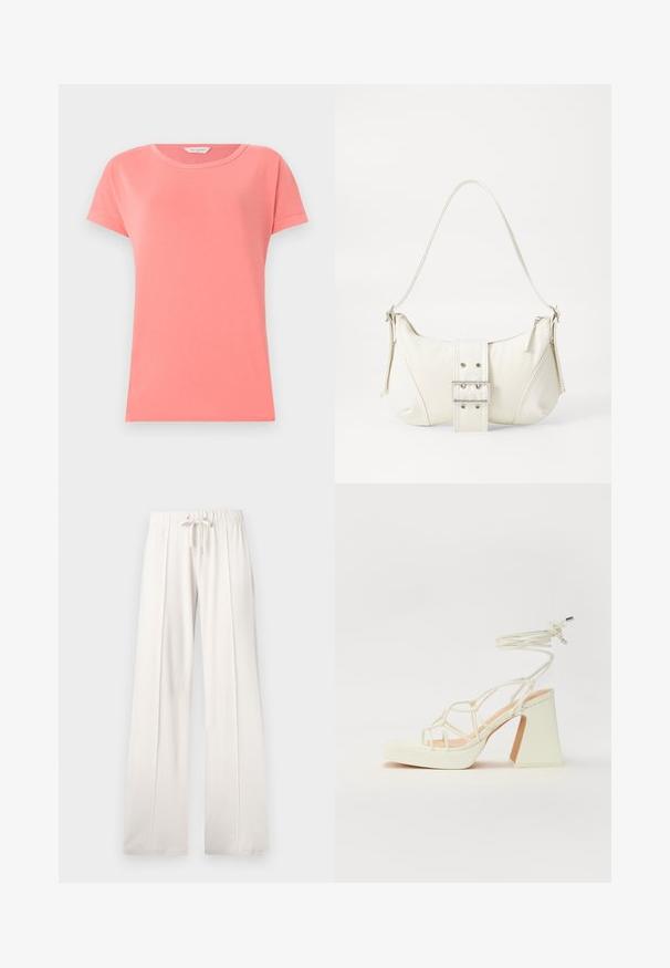 Koralfarvet t-shirt med korte ærmer lavet af blød bomuld med rund halsudskæring. Har et enkelt design og en glat stoftekstur.; Lys beige sweatkorts lavet af blødt stof, med snoretræk i taljen, brede ben og lodrette sømme, samt en glat tekstur.; Hvide højhælede sandaler med en kraftig hæl, der har et stropdesign og ankelbinding. Glat tekstur med en platform foran for ekstra højde.; Hvid skuldertaske med en tekstureret overflade, et centralt spænde og en buet form. Lynlåslukninger på begge sider.