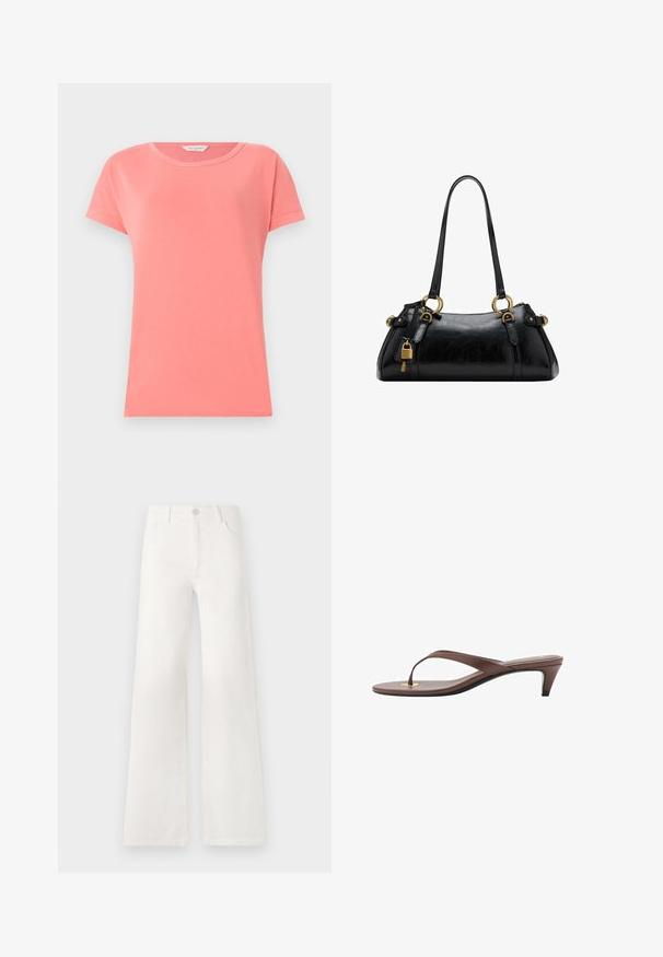 Koraalroze korte mouwen t-shirt van zachte katoen met een ronde hals. Kenmerkt zich door een eenvoudig ontwerp en een gladde stofstructuur.; Witte, hoogwaist, wijde jeans van denim. Heeft een knoopsluiting, twee voorkruiszakken en zijnaadstiksel details.; Bruine hakken flip-flop sandaal met een slanke band en ronde teenpost, met een kleine gouden accent op de voetbed.; Zwarte leren handtas met een gladde textuur, afgeronde vorm, gouden hardwareaccenten en dubbele handgrepen. Bevat een decoratieve sluiting aan de zijkant.