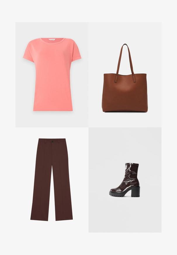 Tricou cu mânecă scurtă, de culoare roz coraliu, realizat din bumbac moale, cu guler rotund. Prezintă un design simplu și o textură netedă a materialului.; Pantaloni evazați dintr-un material maro bogat. Au un sistem de închidere cu buton, două buzunare frontale, textură netedă și linii curate.; Botine lucioase burgundy, cu toc gros negru, având o textură netedă și un design simplu. Fără închideri sau modele vizibile.; Geantă de umăr din piele maro cu o textură netedă, design cu vârf deschis și două curele pentru umăr. Prezintă cusături minime și fără componente metalice vizibile.