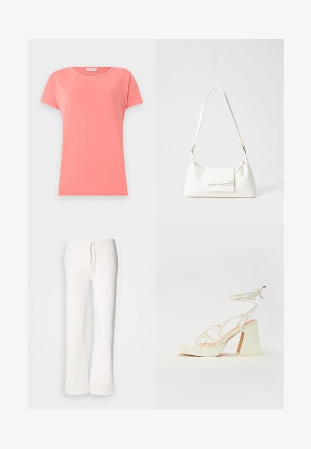 Korálovo ružové tričko s krátkym rukávom, vyrobené z mäkkej bavlny, s okrúhlym výstrihom. Má jednoduchý dizajn a hladkú textúru látky.; Biele, voľné tepláky vyrobené z mäkkej tkaniny, s elastickým pásom na šnurovanie a rovnými nohavicami.; Biele sandále na vysokom opätku s hrubým podpätkom, s pruhovaným dizajnom a viazaním na členku. Hladký povrch s platformou vpredu pre zvýšenú výšku.; Biela syntetická kabelka s trojuholníkovým tvarom, plochým predným klapkou a detailom mašle, nastaviteľným popruhom, hladkou textúrou a minimalistickým dizajnom.