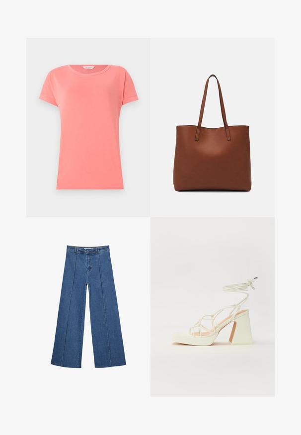 Koralno roza kratkotrajna majica s kratkimi rokavi, izdelana iz mehkega bombaža z okroglim ovratnikom. Ima preprost dizajn in gladko teksturo tkanine.; Jeans širokih nogavic v srednji modri barvi, z visokim pasom, gumbom in kontrastnimi navpičnimi šivi spredaj.; Bela sandala na visokih petah s debelim petam, ki ima obliko trakcev in vezanje okoli gležnja. Gladka tekstura z platformo spredaj za dodatno višino.; Rjava usnjena torba z gladko teksturo, odprto zasnovo zgoraj in dvema naramnima trakovoma. Opremljena je z minimalnim šivanjem in brez vidnih kovinskih delov.