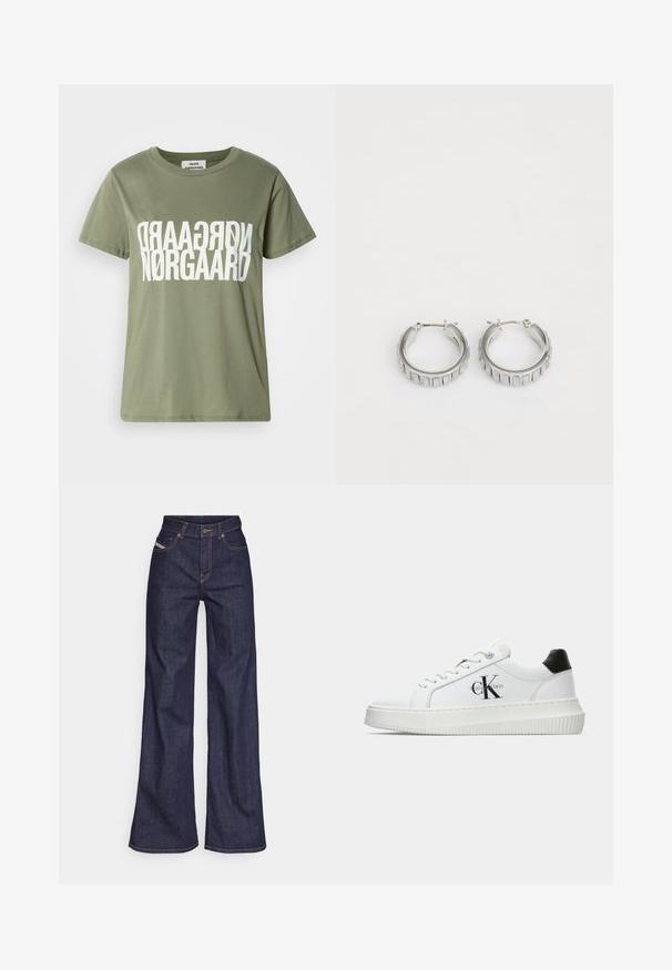 Oliivroheline puuvillane t-särk lühikeste varrukatega, mille keskel on suur valge peegelpilt tekst "NØRGAARD". Ümmargune kaelus.; Tumedates sinised laiad teksad denimpesus, kõrge vöökohaga, mis on varustatud oranžide õmblustega, viie-taskulise disaini ja nööbiga kinnitusega.; Valge madalate sokkidega jooksutoss, millel on must konts, platvormi tallad, paelad ja Calvin Kleini "CK" logo küljel.; Hõbedased rõngassõrmed tekstureeritud disainiga, kus on vertikaalsed sooned. Ümmargune kuju ja kindel lukustus. Sile viimistlus.