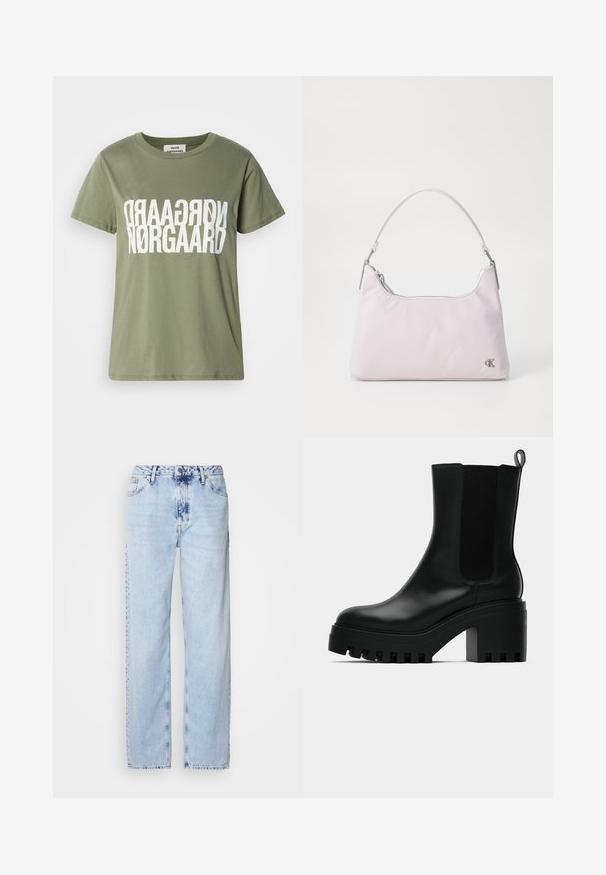 Camiseta de algodón verde olivo con mangas cortas, que presenta un gran diseño de texto blanco al revés "NØRGAARD" en el centro. Cuello redondo.; Jeans de pierna ancha en azul claro, confeccionados en denim, con una cintura alta, un lavado desgastado y un sutil patrón de tie-dye en la parte delantera.; Botín de cuero negro hasta el tobillo con puntera redonda, suela de plataforma gruesa y acentos de malla en los laterales. Cuenta con una lengüeta para facilitar el calzado.; Bolso de hombro de nylon rosa claro con un asa curvada, cierre superior con cremallera, herrajes plateados y un pequeño logo en el lateral.