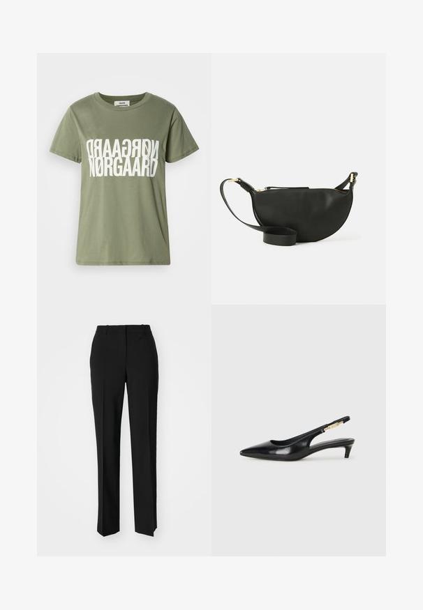 Olivově zelené bavlněné tričko s krátkým rukávem, s velkým bílým obráceným textem "NØRGAARD" uprostřed. Kulatý výstřih.; Černé kalhoty na míru se střihem do rovna, které mají hladkou texturu a ostré sklady na přední straně. Bez viditelného kování.; Černé kožené boty na podpatku s otevřenou patou a špičatou špičkou, s tenkým podpatkem a zlatým akcentem na nastavitelném pásku. Hladký povrch.; Černá kožená taška přes rameno ve tvaru půlměsíce, texturovaný povrch, zlatý zip a plochý popruh. Kompaktní design vhodný pro nezbytnosti.